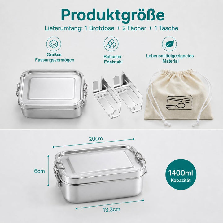 TEAMFAR Brotdose, Edelstahl Bento Lunch Box mit Fächern &amp; Tasche 1400ml | 2 Herausnehmbare Trennwänd