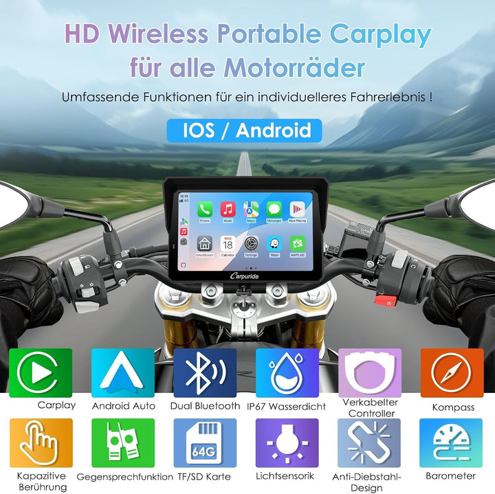 W702S Pro Motorrad Carplay Bildschirm mit BM05 Halterung für Plug-and-Play, Kabellos CarPlay &amp; Andro