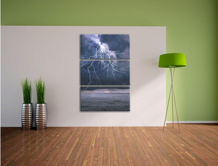 Pixxprint Gewitter über Meer als Leinwandbild | Grösse: 3 Teilig (120x80) | Wandbild| Kunstdruck | f