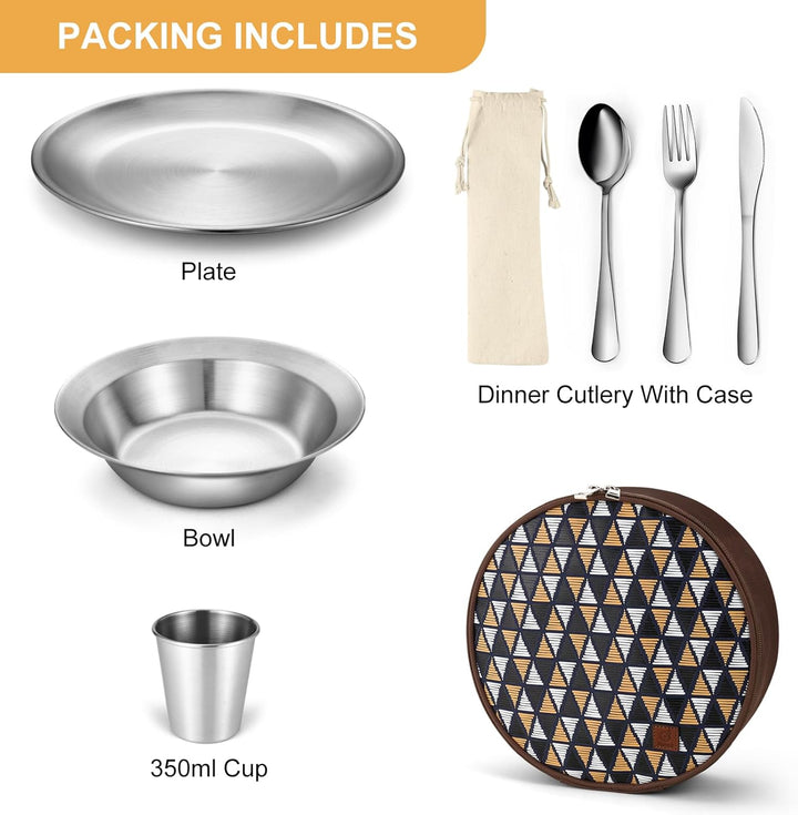 Odoland Campingbesteck Set Geschirrset 7 PCS aus Edelstahl Tafelservice mit Etui Messer Gabel Löffel
