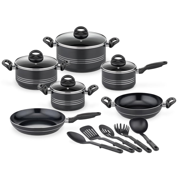 GSW Kochtopf Set Milano Nero, 15-teilig, Hochwertiges Topfset für Induktion, Ceran & Gas, Antihaftbe