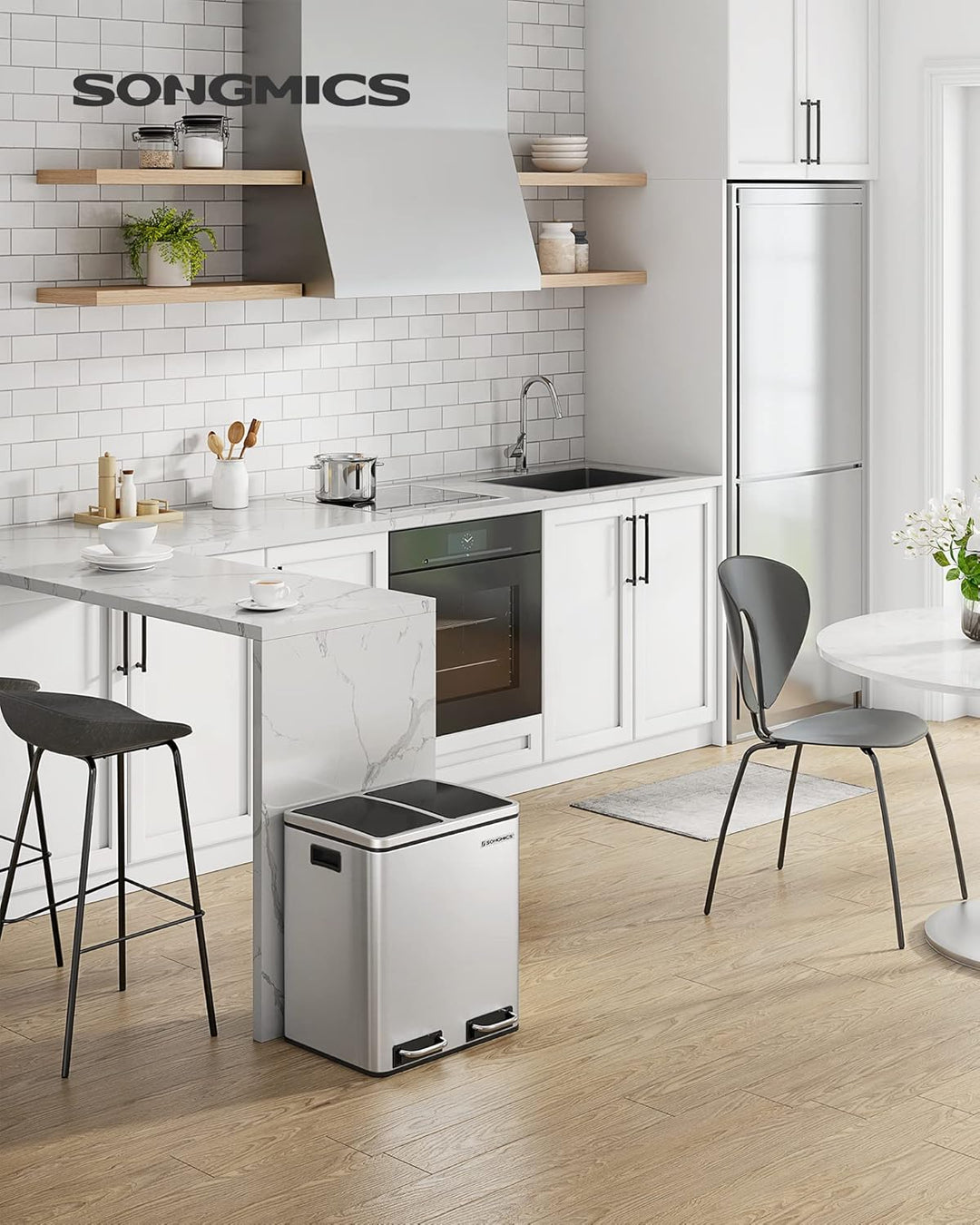 SONGMICS Mülleimer Küche, 2 x 15 L, Mülltrennsystem, Abfalleimer aus Metall, Treteimer mit Inneneime