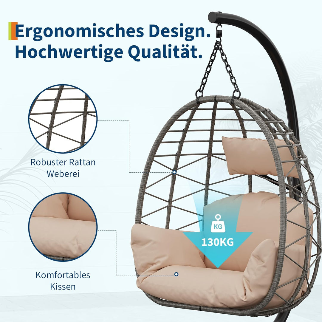 Hängesessel mit Gestell Outdoor bis 150 kg belastbar, Rattan Hängesessel mit Metallgestell, ideal al