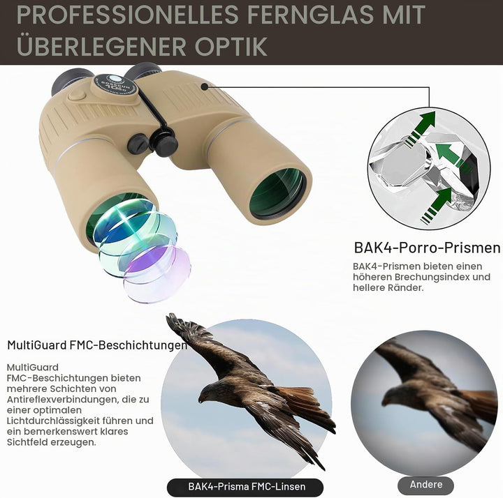 10x50 Marine Fernglas,Fernglas mit Nachtsicht Entfernungsmesser und Kompass, für Wassersport-Enthusi