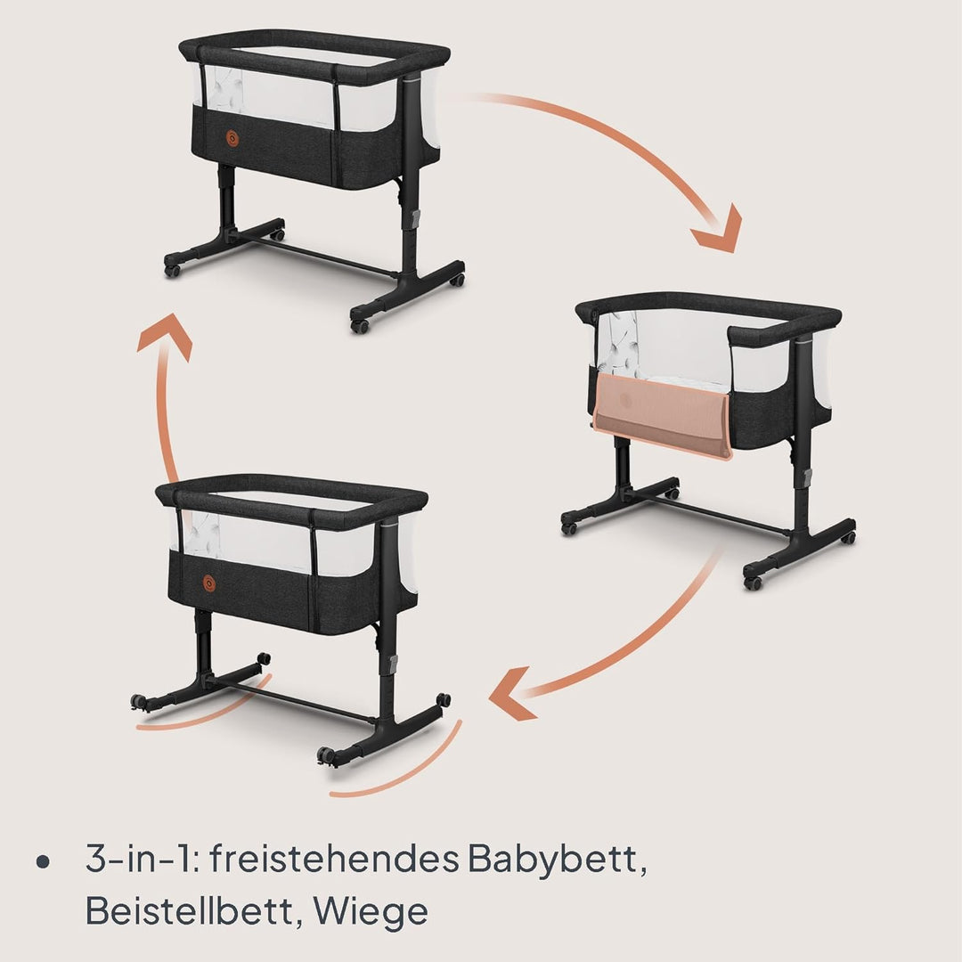 Lionelo Aurora 3 in 1 Babybett bis 9 kg, Beistellbett, Wiege, Höhenverstellug und Einstellung der Ne