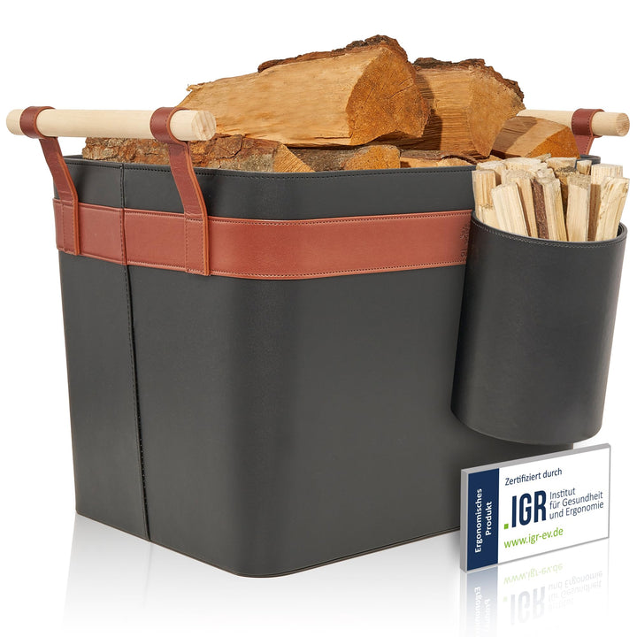 OAKAGE® Holzkorb für Kaminholz Gross aus veganem Leder Kaminholzkorb Feuerholzkorb Brennholzkorb Kam