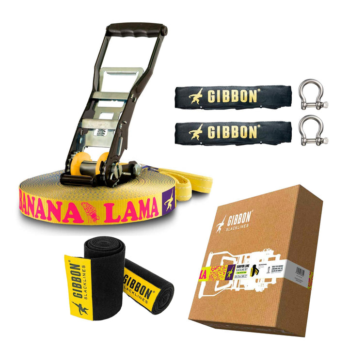 Gibbon Slacklines BananaLama XL Treewear Set | 25m Länge | 3,5cm Breite | Anfänger & Fortgeschritten