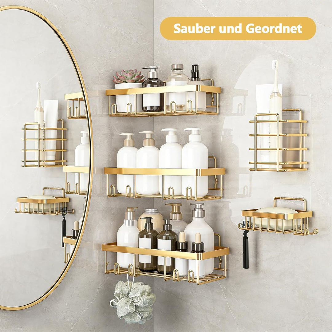 Duschablage Ohne Bohren Gold, 5 Stück Shampoo Halterung Für Dusche Mit Haken, Wiederverwendbar Edels