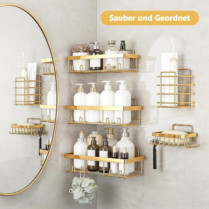 Duschablage Ohne Bohren Gold, 5 Stück Shampoo Halterung Für Dusche Mit Haken, Wiederverwendbar Edels