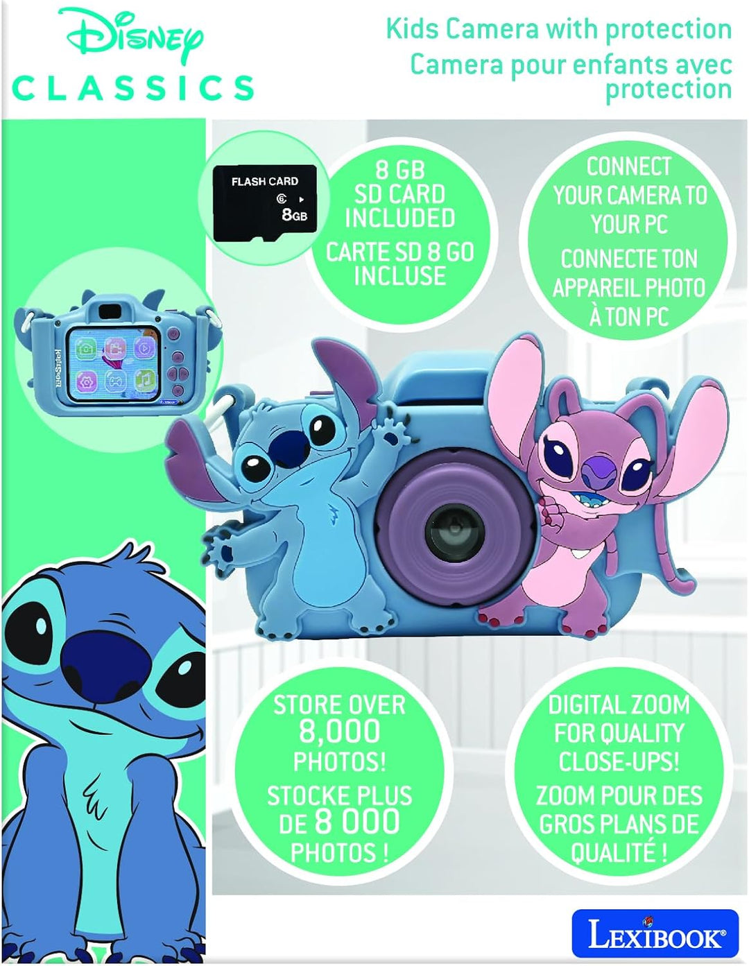 Lexibook, Disney Stitch, 4-in-1 Kamera für Kinder mit Schutz, Foto-, Video-, MP3- und Spielfunktione