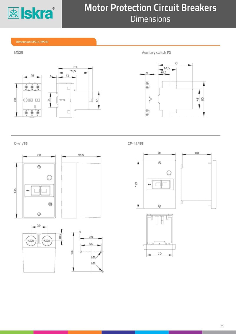 Motorschutzschalter ISKRA MS25 - Modelle 0.1 bis 32A, Überlast- und Kurzschlussschutz, Phasenausfall