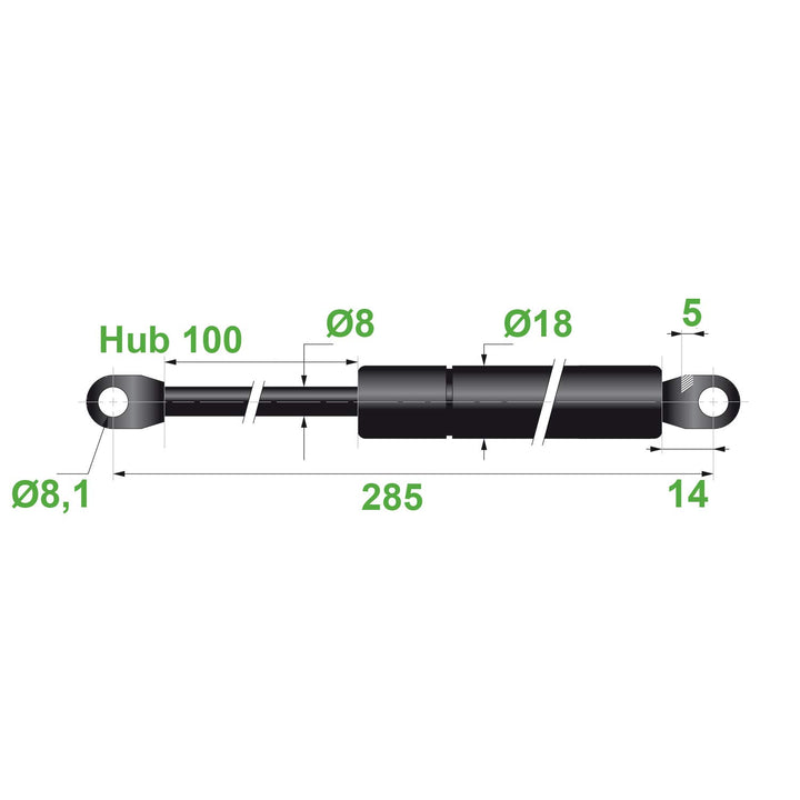 Gasdruckfeder Ø 8/18 8,1 Hub=100 285-300 mm 300N(0152)