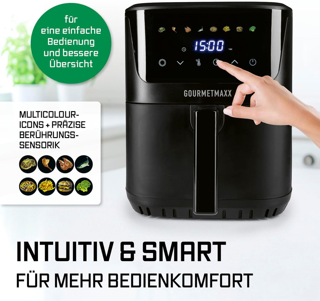 GOURMETmaxx Heissluftfritteuse 6,5 L, 1600 W schwarz – digitale Airfryer Fritteuse mit LED-Touchdisp