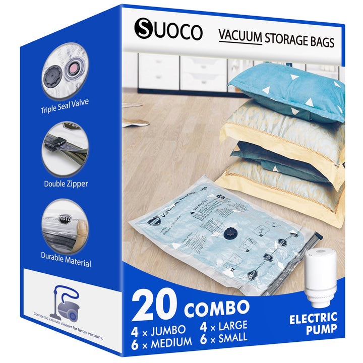 SUOCO Vakuumbeutel für Kleidung – 20er Set (mit Elektropumpe), bestehend aus 4 J, 4 L, 6 M und 6 S,