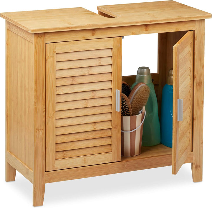 Relaxdays Waschbeckenunterschrank Bambus, HxBxT: 60x67x30 cm, 1 grosses Fach, 2 Türen, magnetisch, B