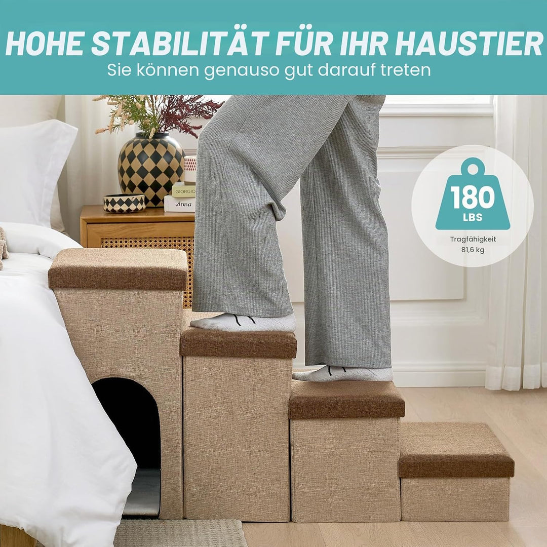 Hundetreppe für Kleine Hunde mit Stauraum und Katzenöffnung, Breite Haustiertreppe Faltbare für Bett