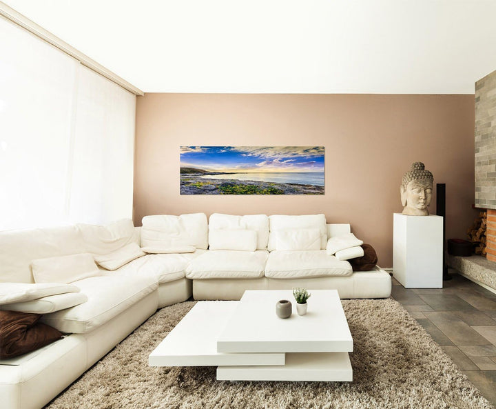 Paul Sinus Art Panoramabild auf Leinwand und Keilrahmen 150x50cm Küste Felsen Meer Wolken