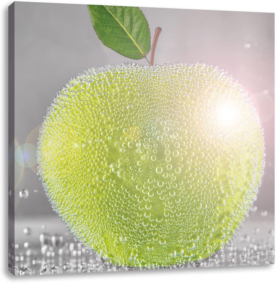 Pixxprint Grüner saftiger Apfel mit Wasserperlen schwarz/weiss, Format: 70x70 auf Leinwand, riesige