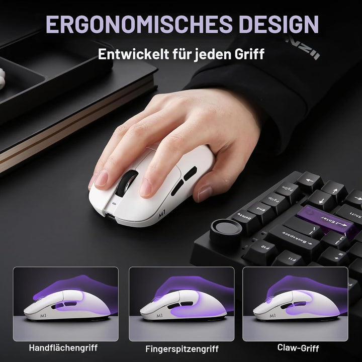 YUNZII M1 Kabellose Gaming-Maus, BT/2.4G Wireless/Wired Ultralight Mouse, PAW3311-Sensor 10000 DPI,