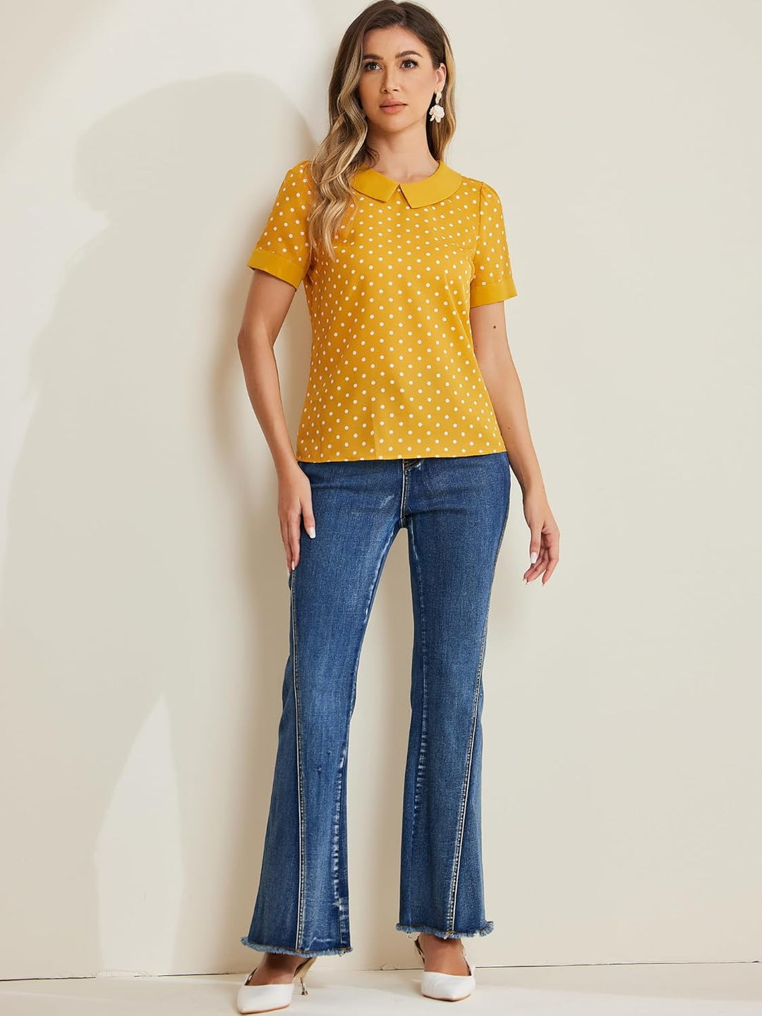 Allegra K Damen Kurzarm Bubikragen Punkte Oberteil Vintage Polka Dots Elegant Top Bluse XS Gelb, XS