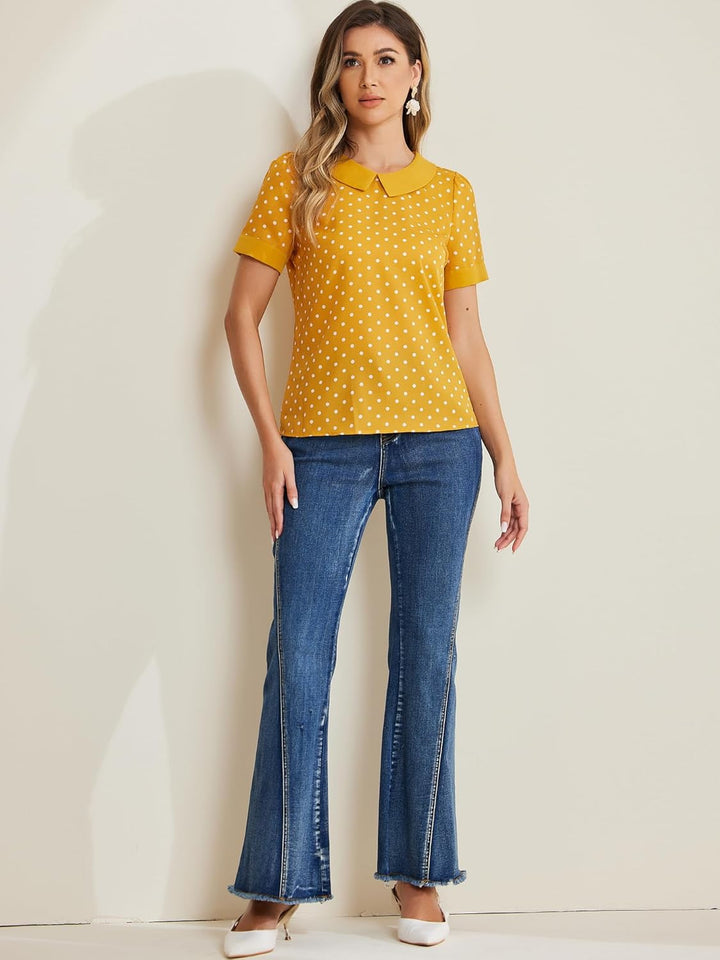 Allegra K Damen Kurzarm Bubikragen Punkte Oberteil Vintage Polka Dots Elegant Top Bluse XS Gelb, XS