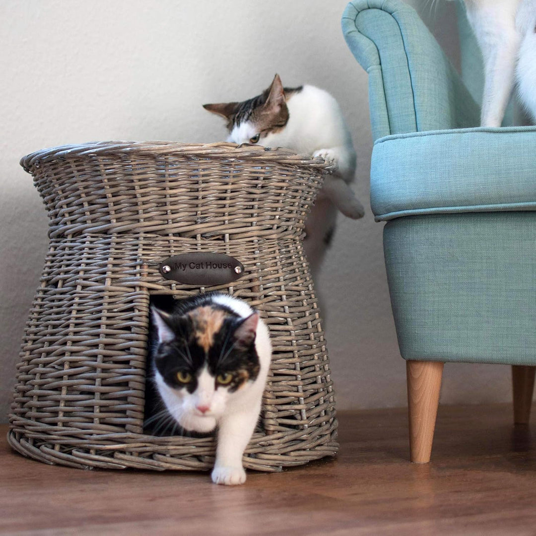 UNUS Katzenkörbchen, Katzenkorb, Katzenturm aus Rattan in Grau