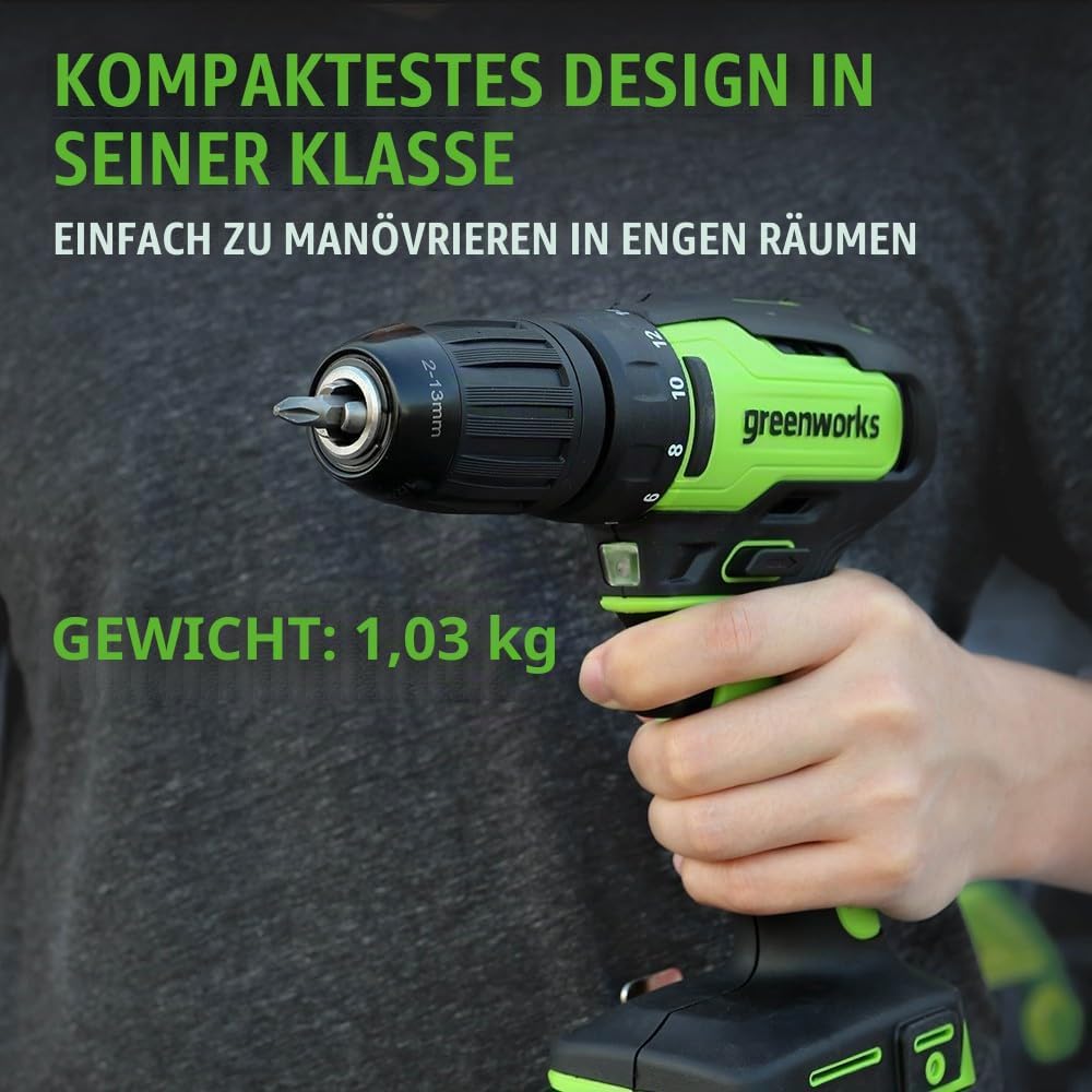 Greenworks 24 V Akku-Bohrschrauber, 35 Nm, Bürstenloser Motor, 18 Stufen Drehmomentstufen, 13 mm-Boh