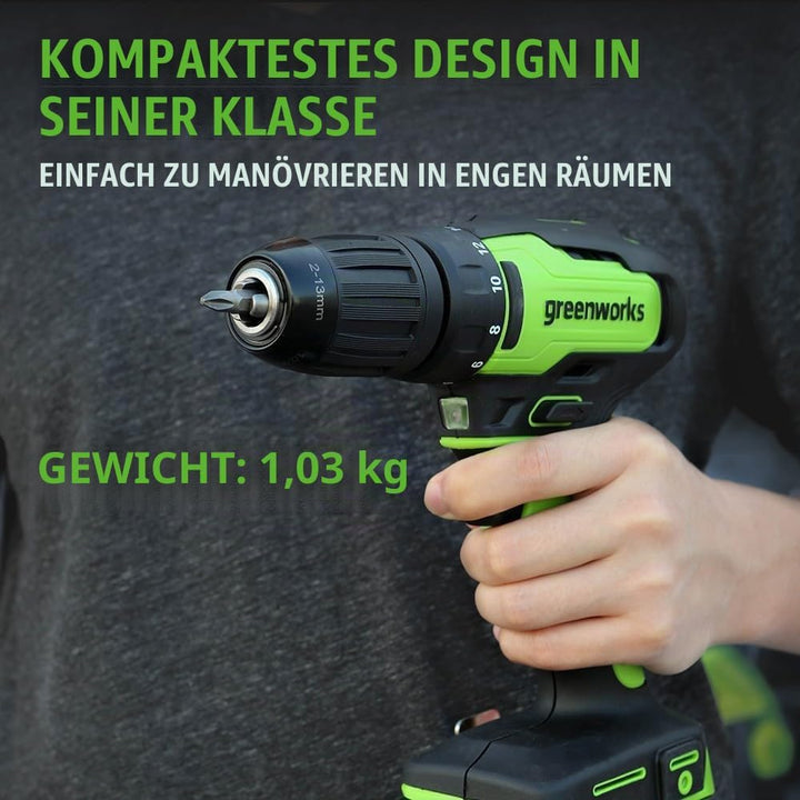Greenworks 24 V Akku-Bohrschrauber, 35 Nm, Bürstenloser Motor, 18 Stufen Drehmomentstufen, 13 mm-Boh