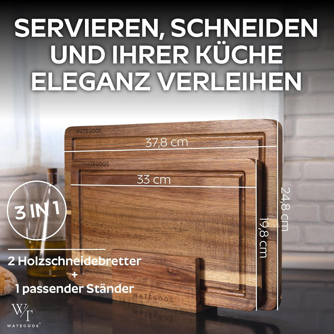Schneidebrett aus Akazienholz mit Halter – 2 Holz Schneidebretter gross und klein – umweltfreundlich
