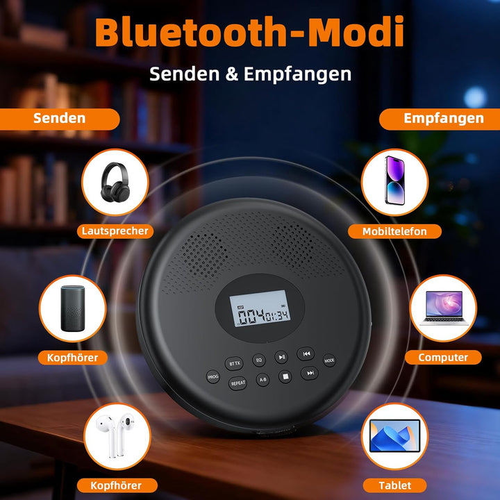 Arafuna Tragbarer CD-Player, CD Player Bluetooth Mit wiederaufladbarem Akku/Lautsprechern/Kopfhörern