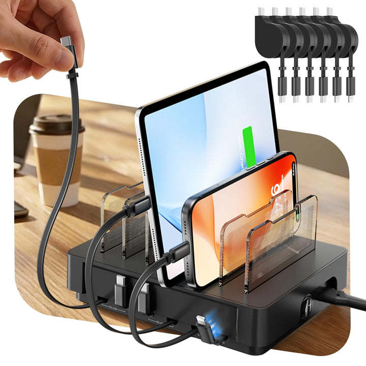 SooPii HomeHub H1 Ladestation, 60 W mit 6 austauschbar einziehbaren Kabeln (4×C-C & 2×C-iP), mit mag
