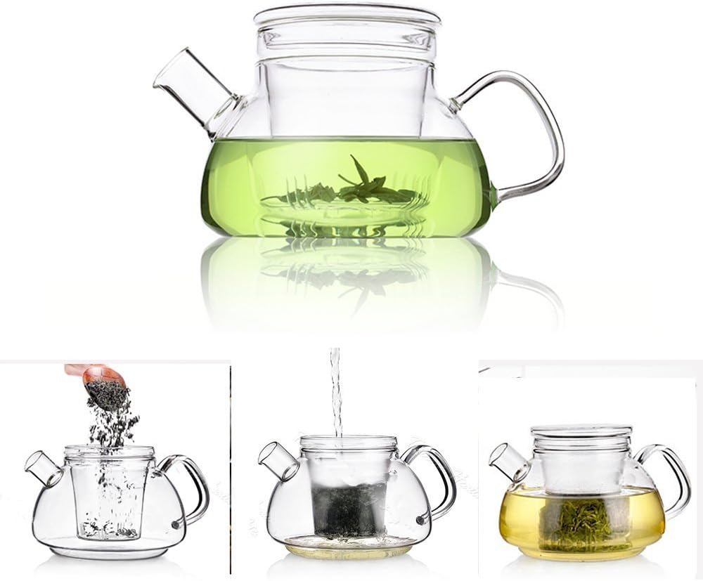 600ML Nordisch 3-in-1 Glas-Teekanne mit abnehmbarem Glas-Infuser mit grossem Ausguss Non-Drip Fussfr