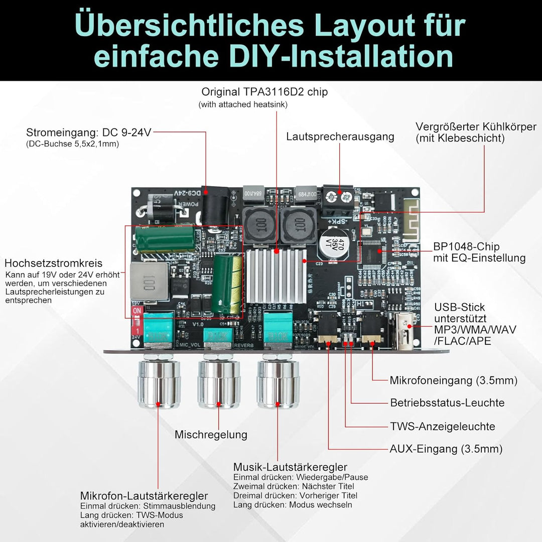Bluetooth 5.3 Mono Verstärker Board Modul, 100W Audioverstärker mit Echo & EQ-Regelung, TWS-Pairing
