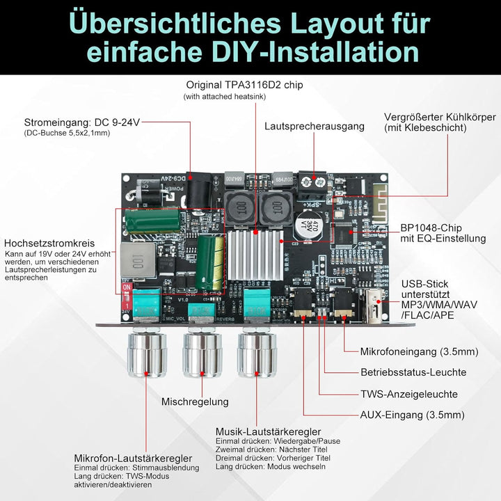 Bluetooth 5.3 Mono Verstärker Board Modul, 100W Audioverstärker mit Echo & EQ-Regelung, TWS-Pairing