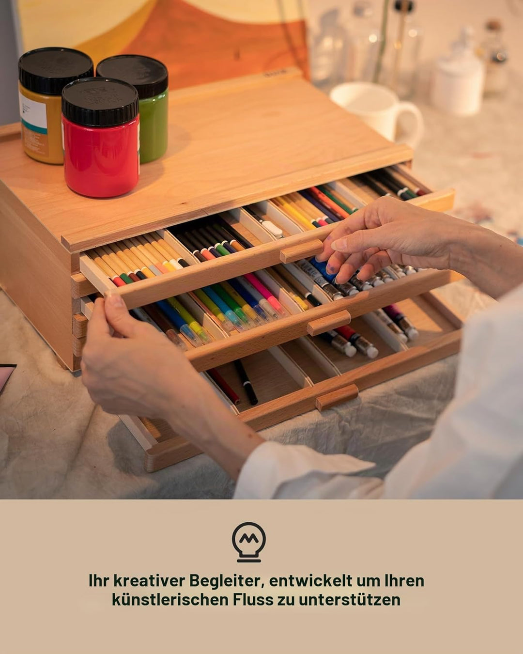 DJAR Grosse Kunst Aufbewahrungsbox mit 6 Schubladen, Tragbares Buchenholz Kunst Suppiles Organisator