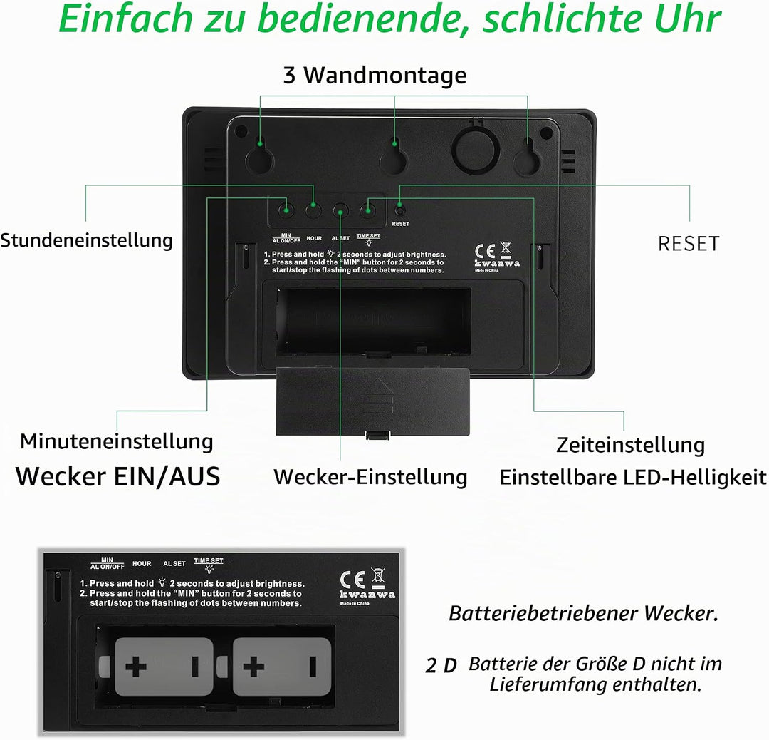 KWANWA Digitale Wecker Uhren LED Wanduhr mit 3 &