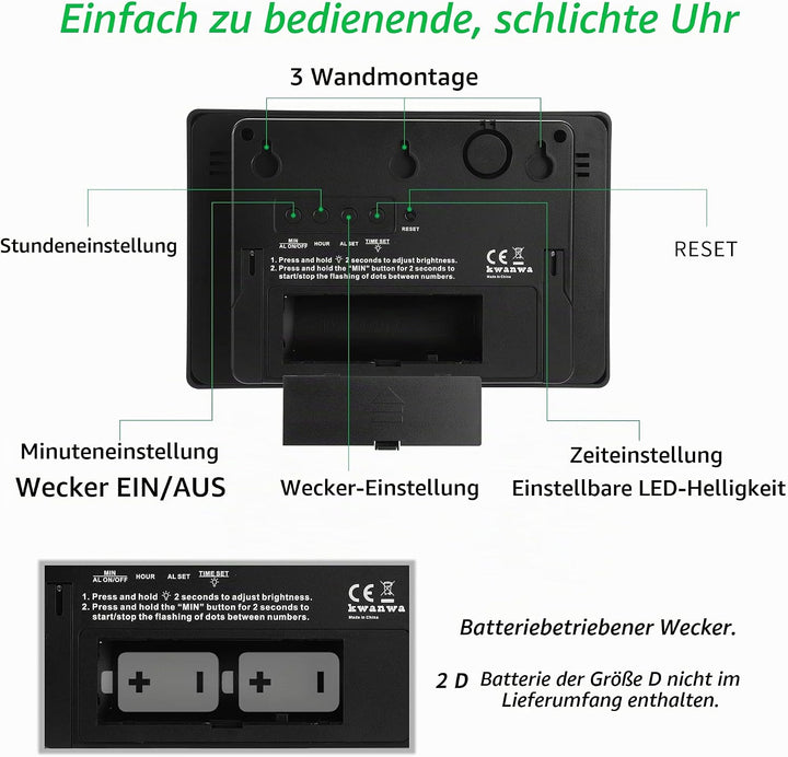 KWANWA Digitale Wecker Uhren LED Wanduhr mit 3 &