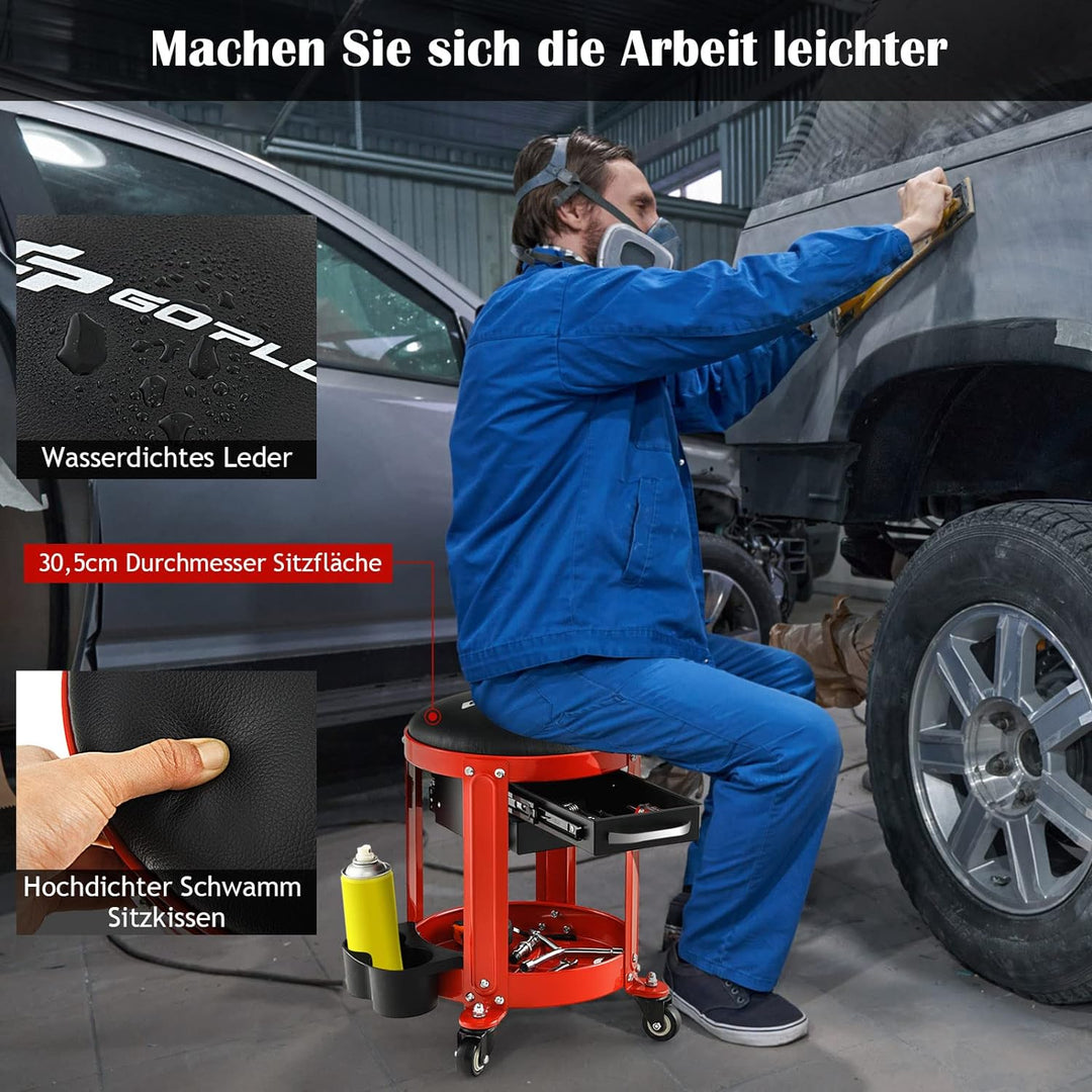 GYMAX Werkstatthocker, Werkstattsitz mit 4 Universalräder, Werkstattstuhl bis 150 kg belastbar, Mech