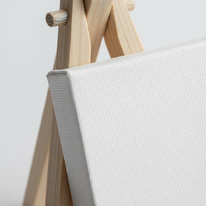 12x Mini Staffelei Naturholz 7x12.5cm klappbar mit 8x8cm Leinwand-Set - Handbemaltes Kinder-Malkreat