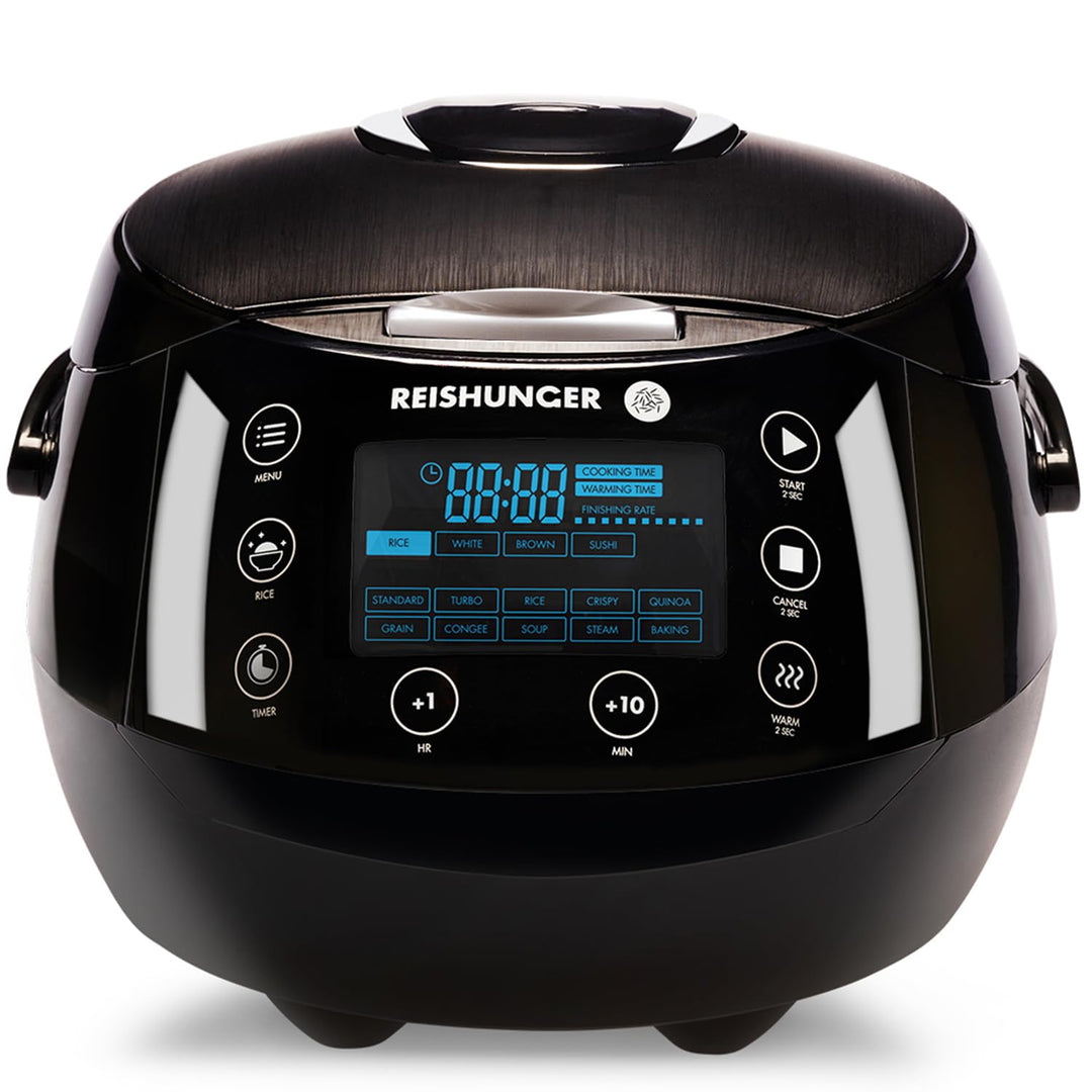Reishunger Digitaler Reiskocher & Dampfgarer Schwarz + Gratis Kochbuch – Warmhaltefunktion, Timer &