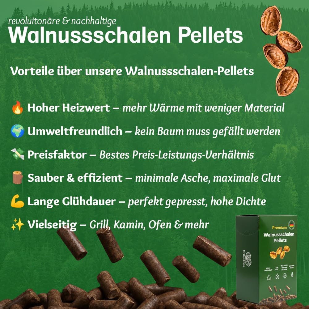 Grillpellets – 100% Wallnusschale ohne Zusatzstoffe – Räucherpellets für Smoker, Grill & Pizzaofen m