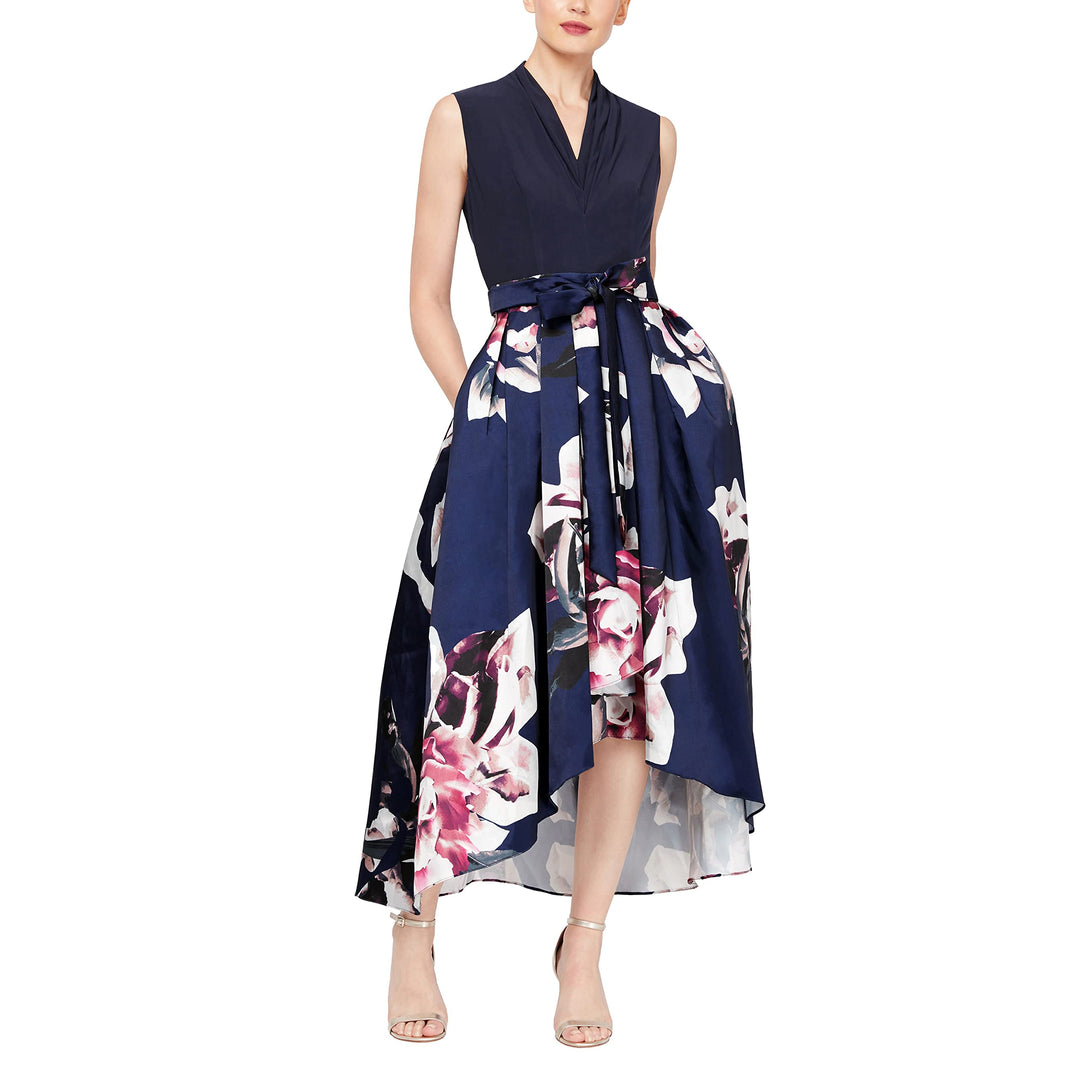 S.L. Fashions Damen Ärmelloses Jersey V-Ausschnitt und Blumenmuster und Taschen Kleid für besondere