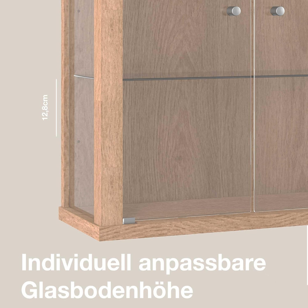 K-Möbel Hängevitrine Glas in Winchester Eiche (80x60x25 cm) mit 2 höhenverstellbaren Glasböden - Mod