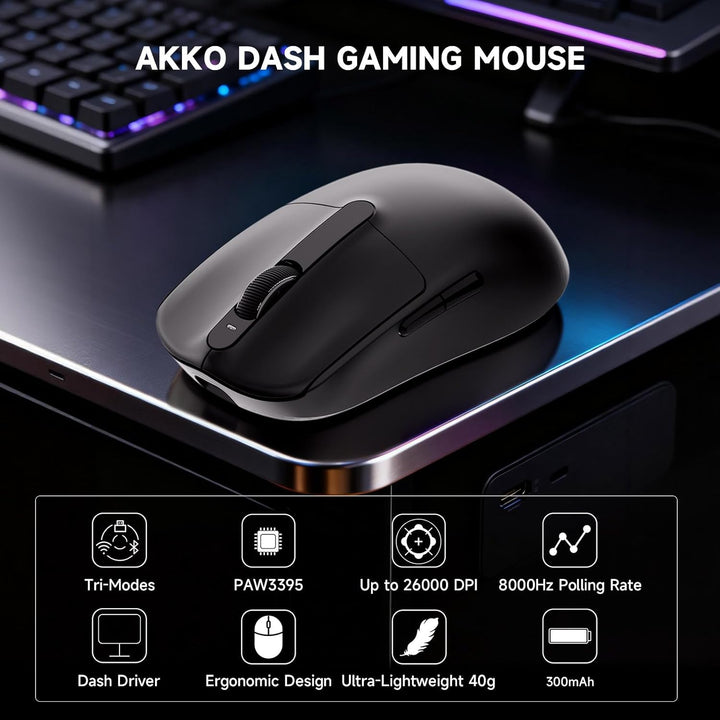 Akko Dash Max kabellose Gaming-Maus, 40g ultraleichte, PAW3395-Gaming-Sensor, kabellose (Bluetooth/2