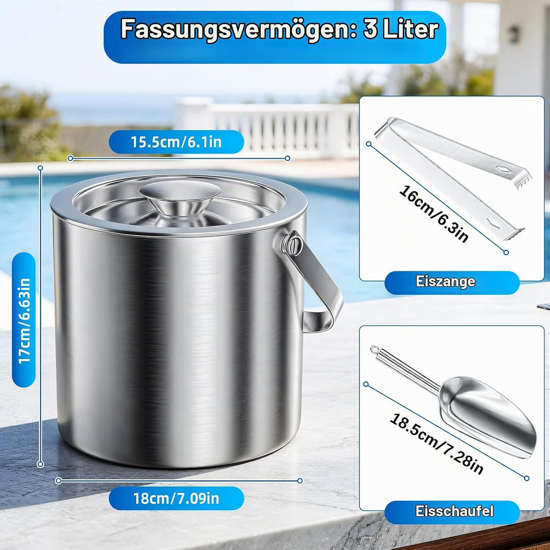 3L Eiswürfelbehälter mit Deckel Schaufel und Eiszange, Eiskübel Doppelwandiger für Abkühlen von Bier