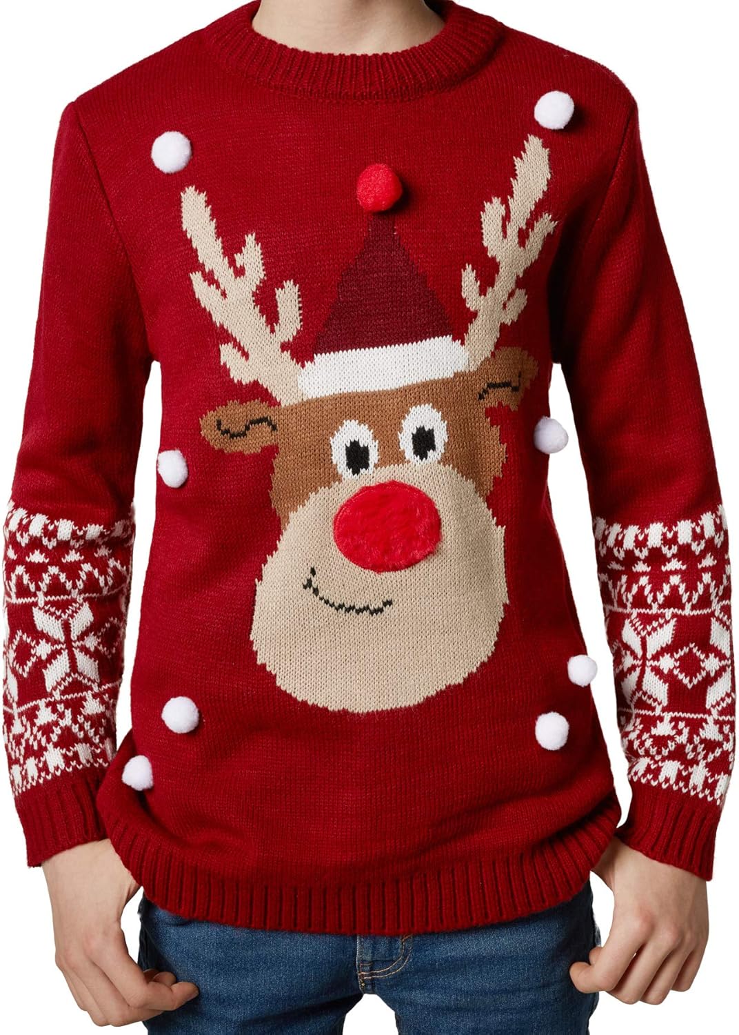dressforfun 900823 Kinder Weihnachtspullover Rudi Rentier mit angenähten Schneeflocken, rot - Divers