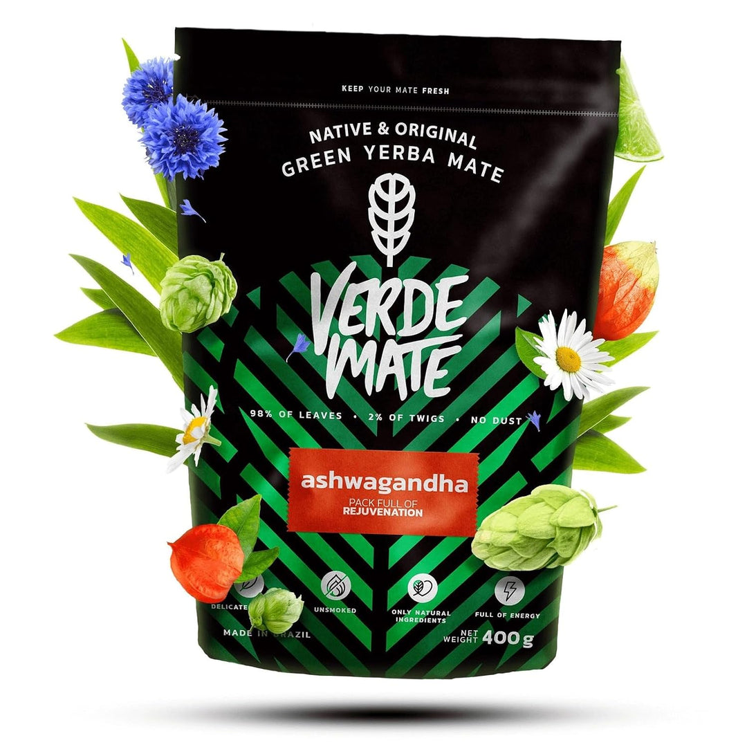 Mate Tee Set Verde Mate - Yerba Mate Ashwagandha 500g - aus Brasilien - 5mm Grobe Blätter - Luftgetr