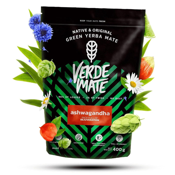 Mate Tee Set Verde Mate - Yerba Mate Ashwagandha 500g - aus Brasilien - 5mm Grobe Blätter - Luftgetr