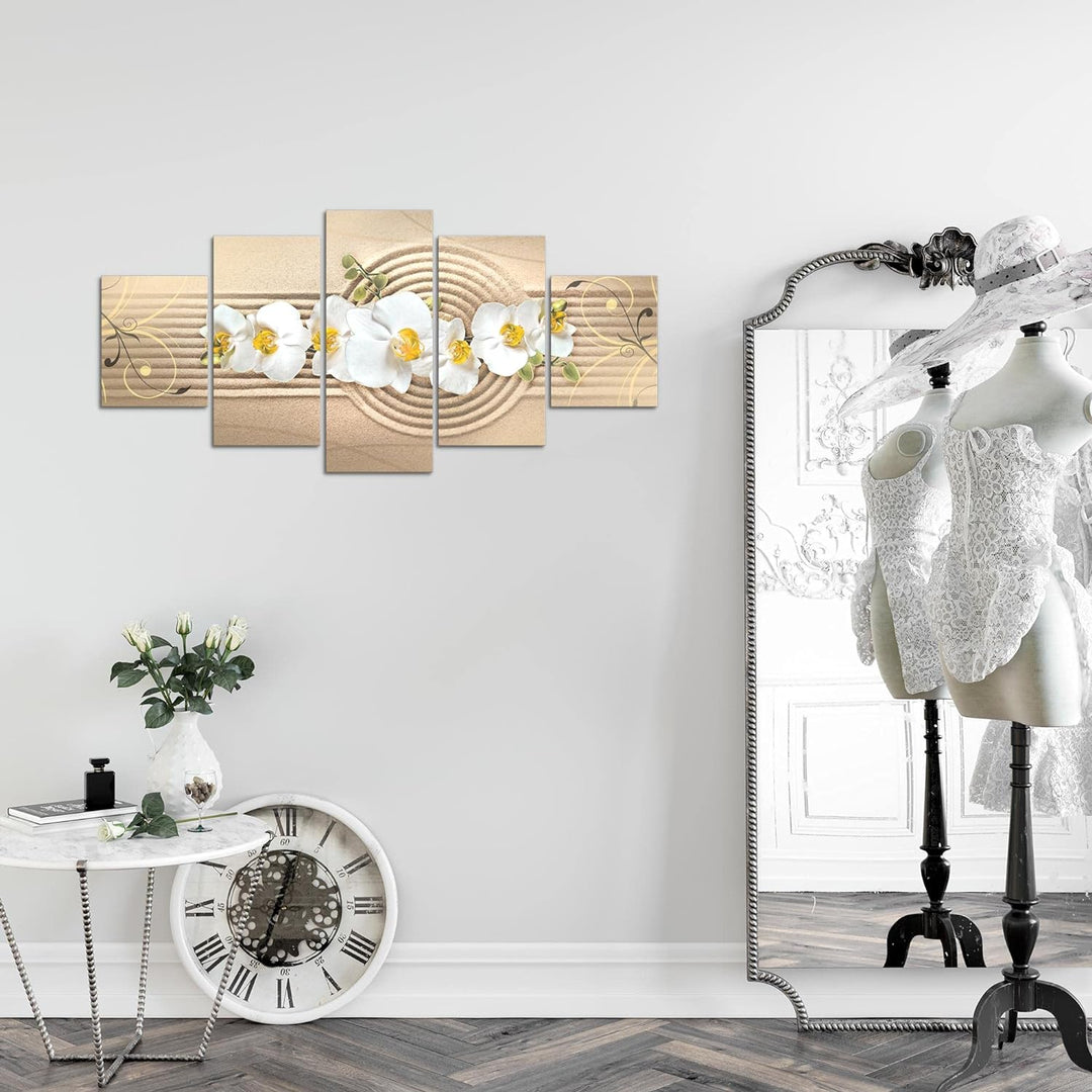 Runa Art Wandbilder Blumen Orchidee 5 Teilig Bild auf Vlies Leinwand Deko Wohnzimmer Sand Beige Gelb