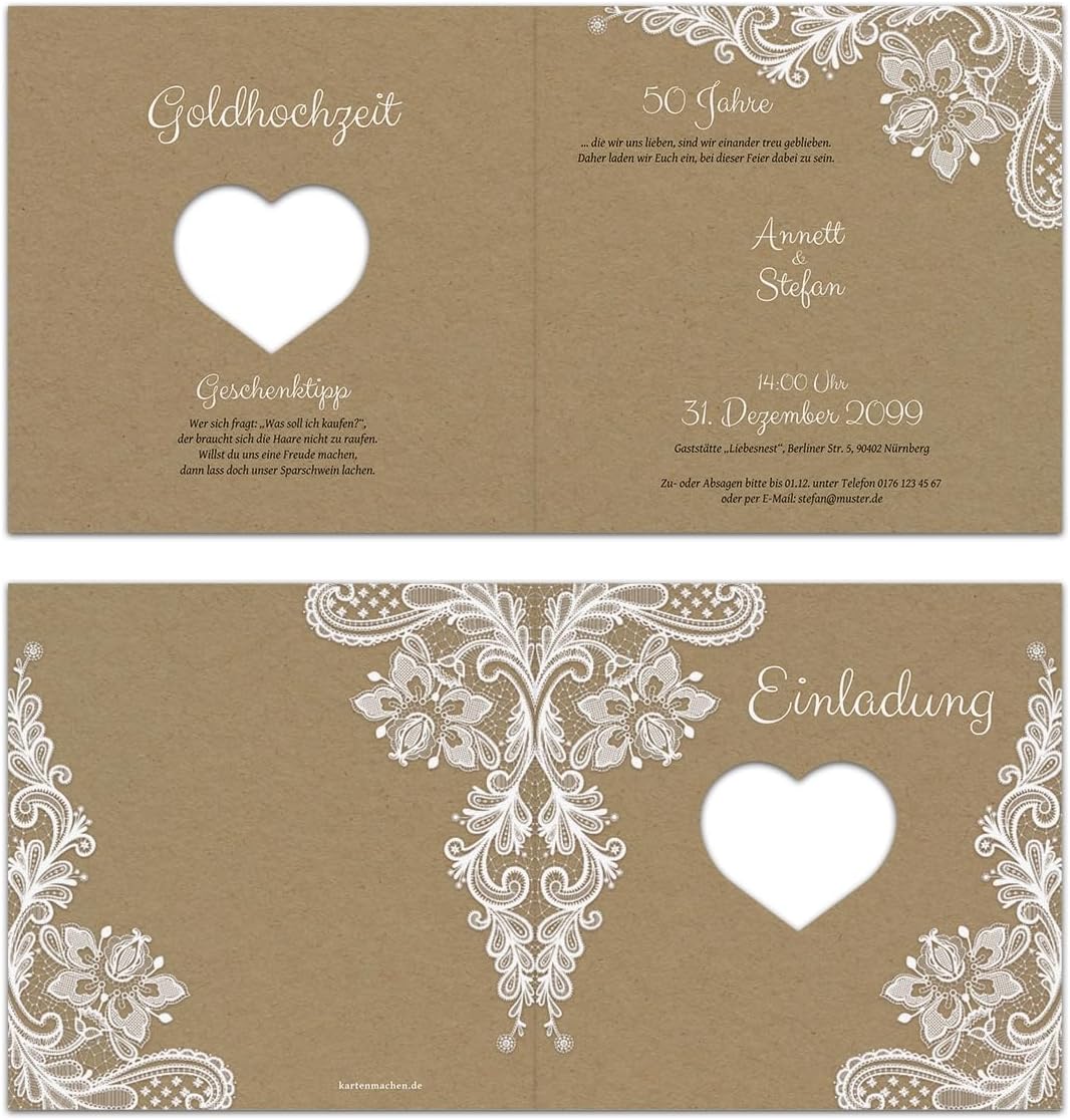 Kartenmachen.de 10 x Lasergeschnittene Hochzeitseinladungen Goldhochzeit goldene Hochzeit Einladung